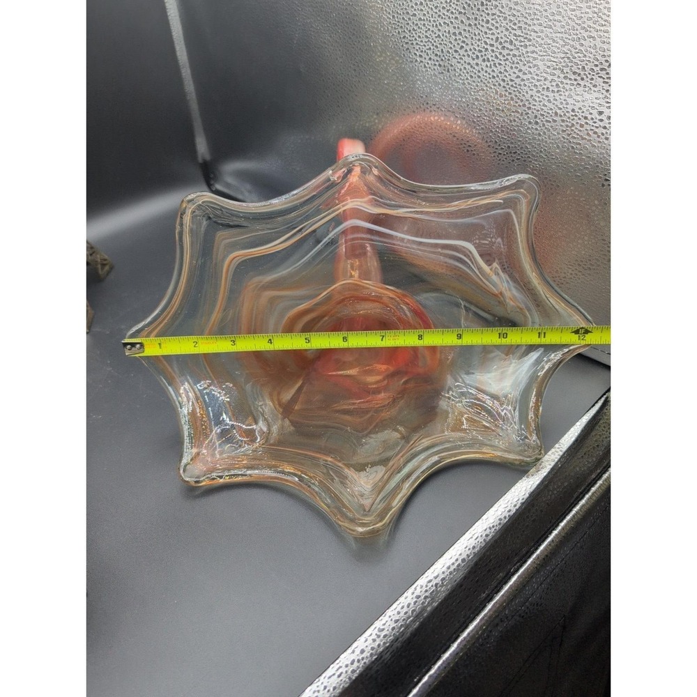 Vtg. large Sooner Art Hand Blown Glass Lotus Cornucopia Orange Vase - Picture 8 of 10